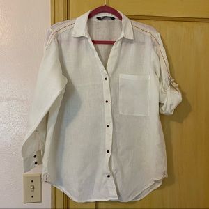 Zara Shirt Roll Tab Sleeve 100 Percent Linen Shirt Size Small